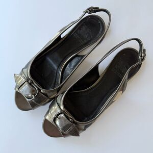 Burberry Pewter Metallic Leather and Nova Check Peep Toe Slingback Flats Size 36
